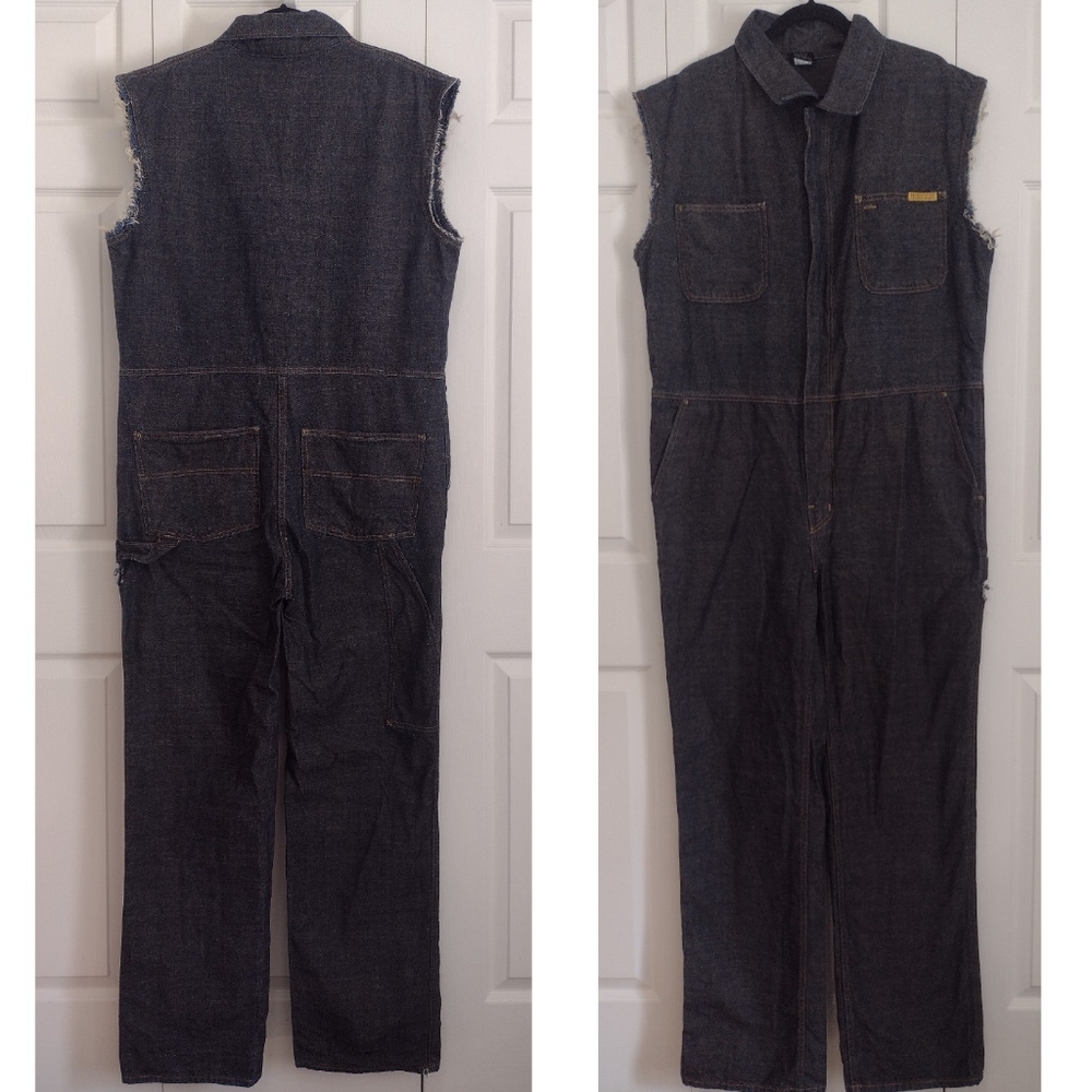 Vintage Prison Blues Rigid Denim Sleeveless Carpenter Coveralls Men's L 38-40